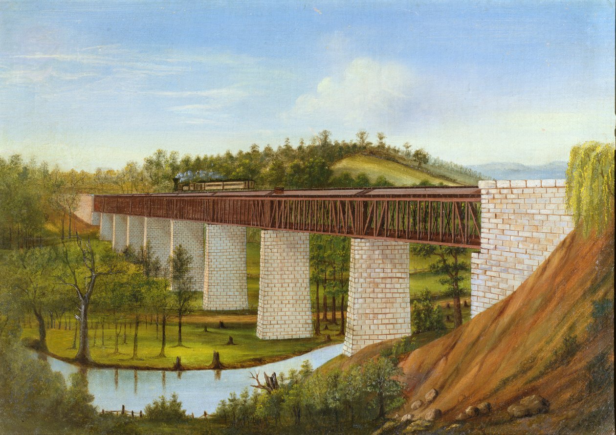 一座被遮盖的桥和铁路的看法，c.1870 作者 美国学校