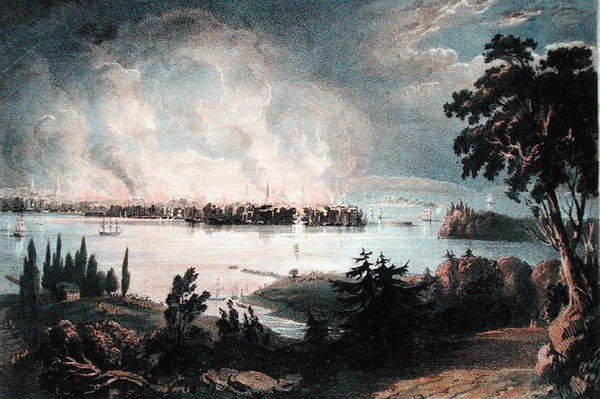 1835年12月16日大火期间从威霍克眺望纽约市，由戴和哈格刻制（彩色平印）。 作者 美国学校