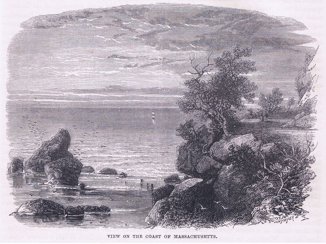 1644年马萨诸塞州海岸风光，插图来自Cassell的《美国历史》，由Petter & Galpin出版，约1890年（石印）。 作者 美国学校