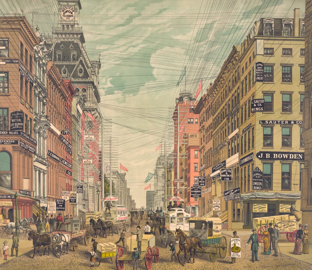 纽约市百老汇旧景，约 1880 年（彩色石版画） 作者 美国学校