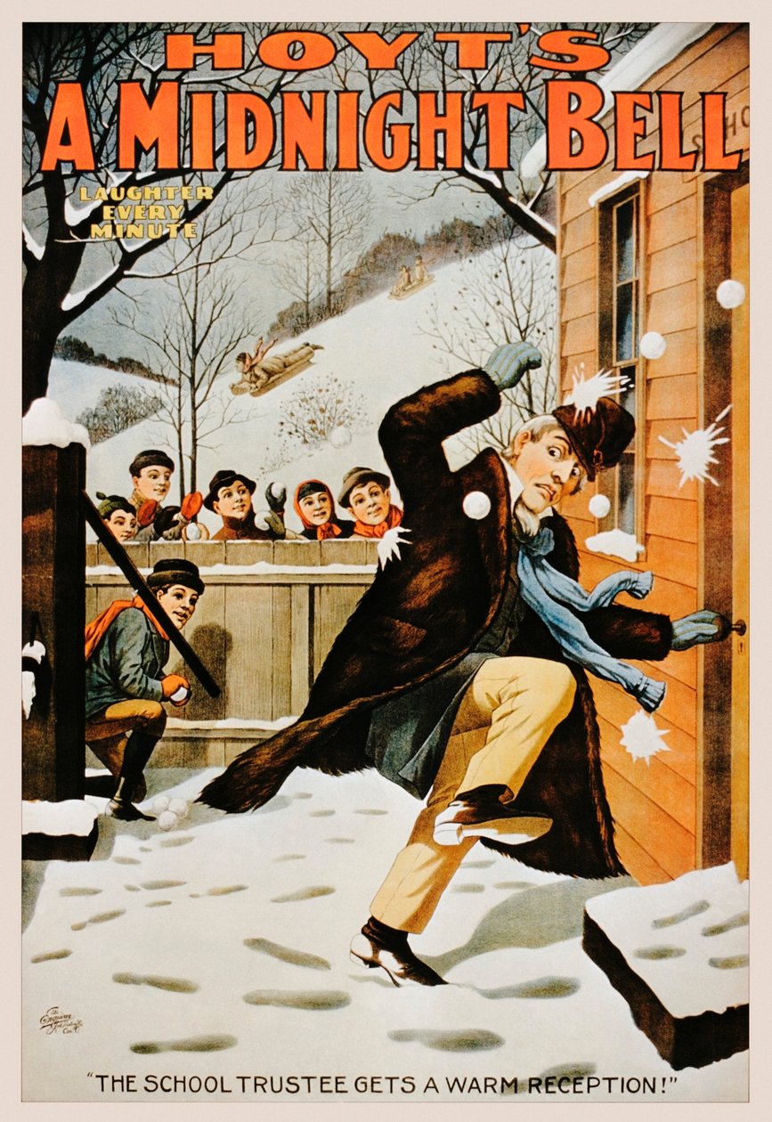男孩用雪球向男人投掷的老式海报，1890-99年 作者 美国学校
