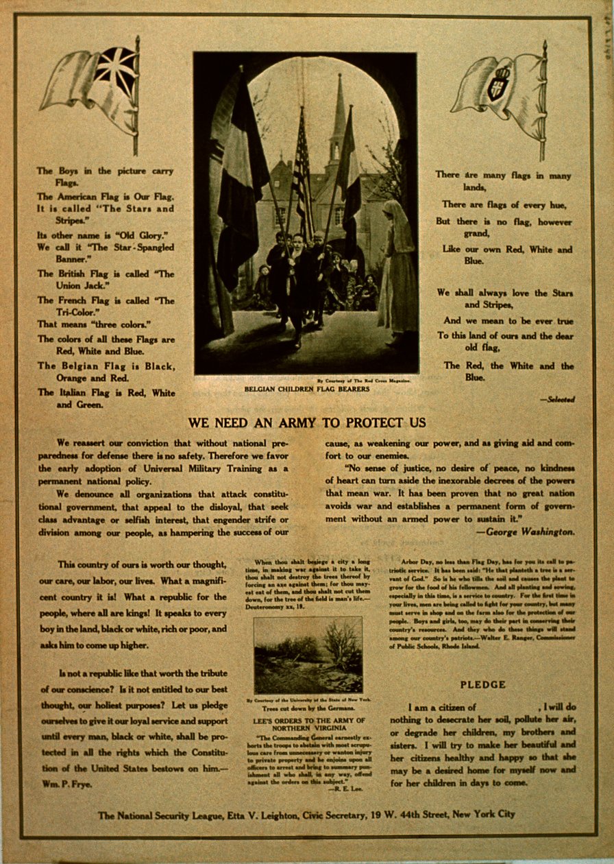 我们需要一支军队保护我们，来自国家安全联盟的宣传小册子，c.1914-18 作者 美国学校