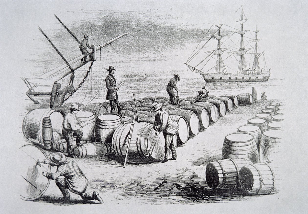 捕鲸者在桶中测油，来自《美国捕鲸业》，约1850年（雕刻）。 作者 美国学校