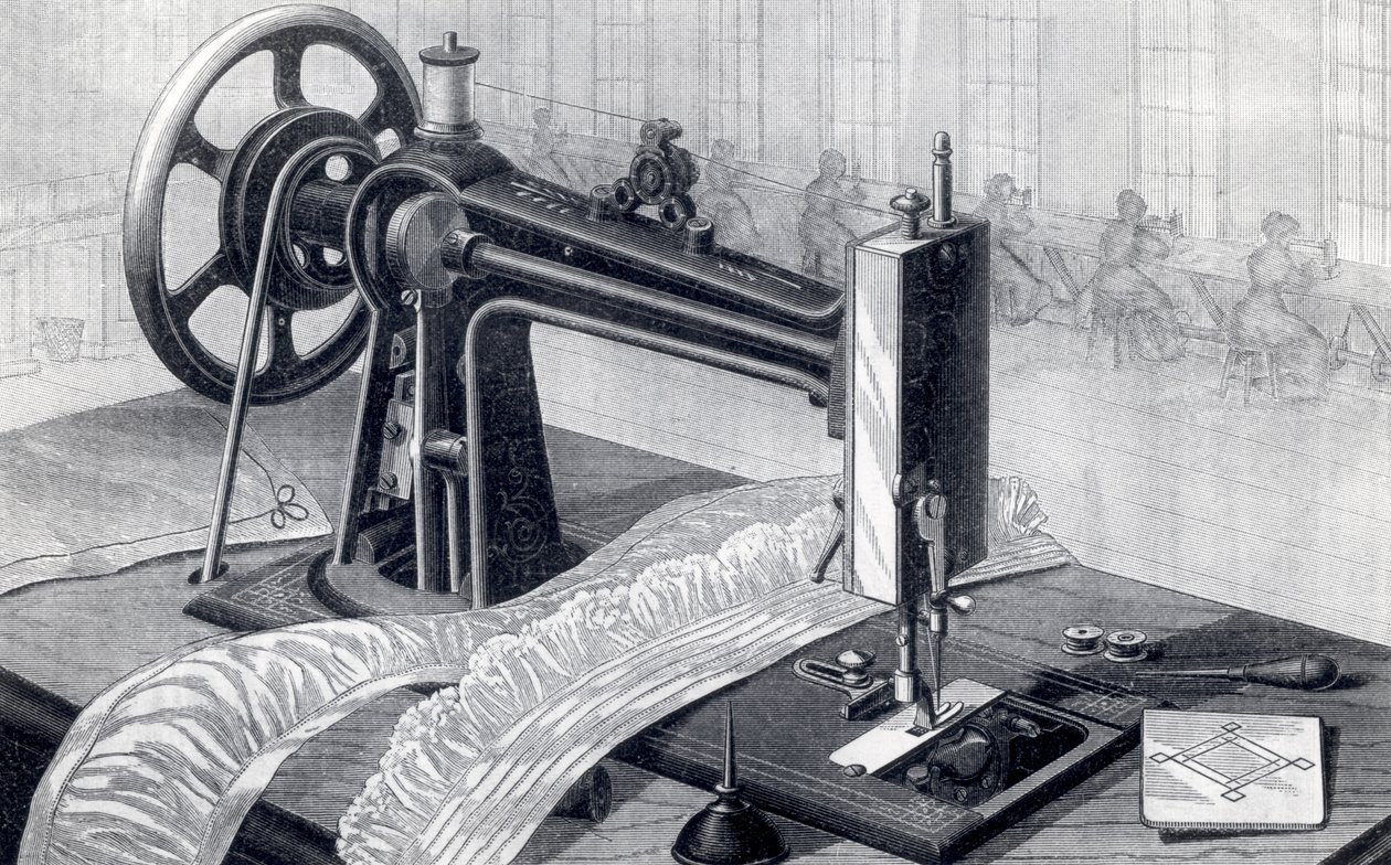 威尔逊缝纫机，从踏板和油罐展示皮带驱动，来自Park Benjamin Appletons Cyclopedia of Applied Machines，1880年出版 作者 美国学校