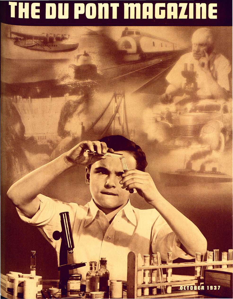 有化学集合的年轻男孩，杜邦杂志的封面，1937年10月 作者 美国学校