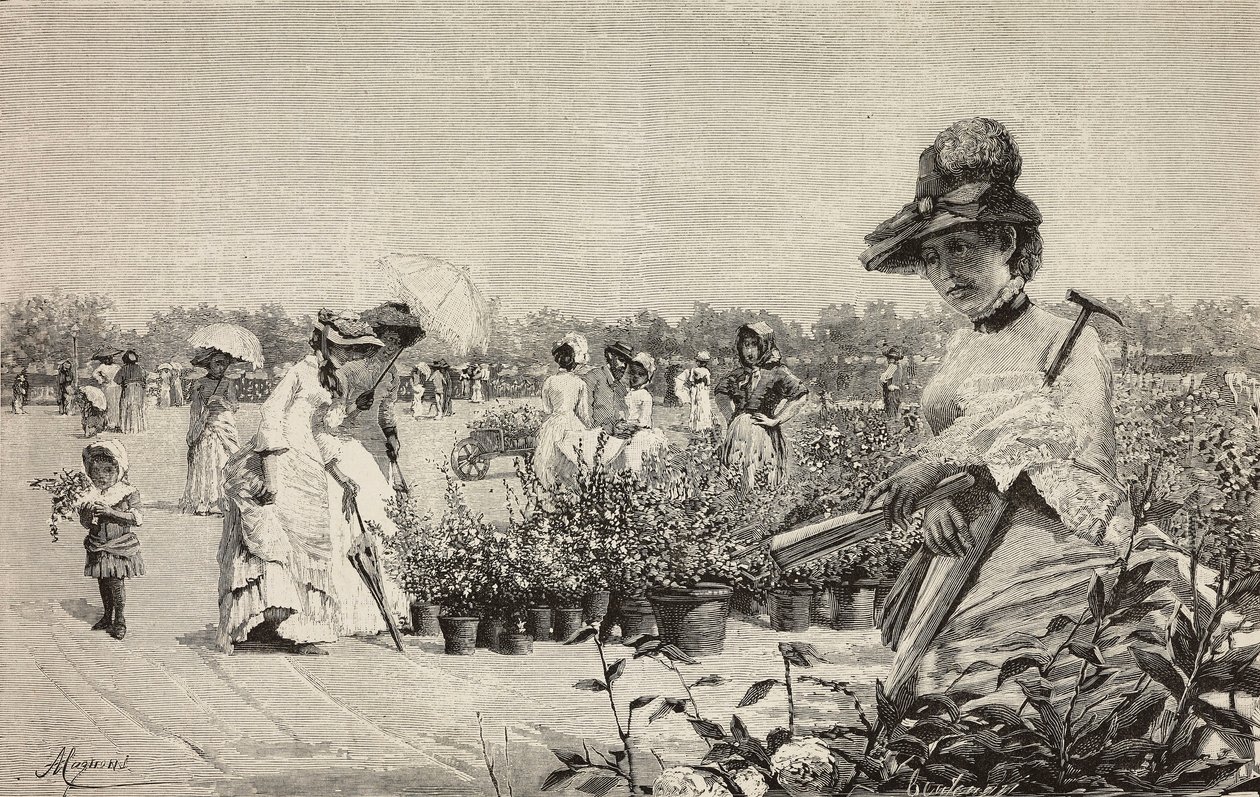意大利米兰布雷拉散步的妇女，根据 Amerino Cagnoni（1853-1923 年）的画作 Maggio（五月）雕刻，摘自《意大利画报》，第 10 年，第 43 期，10 月 28 日 作者 阿美利诺·卡尼奥尼（Amerino Cagnoni）