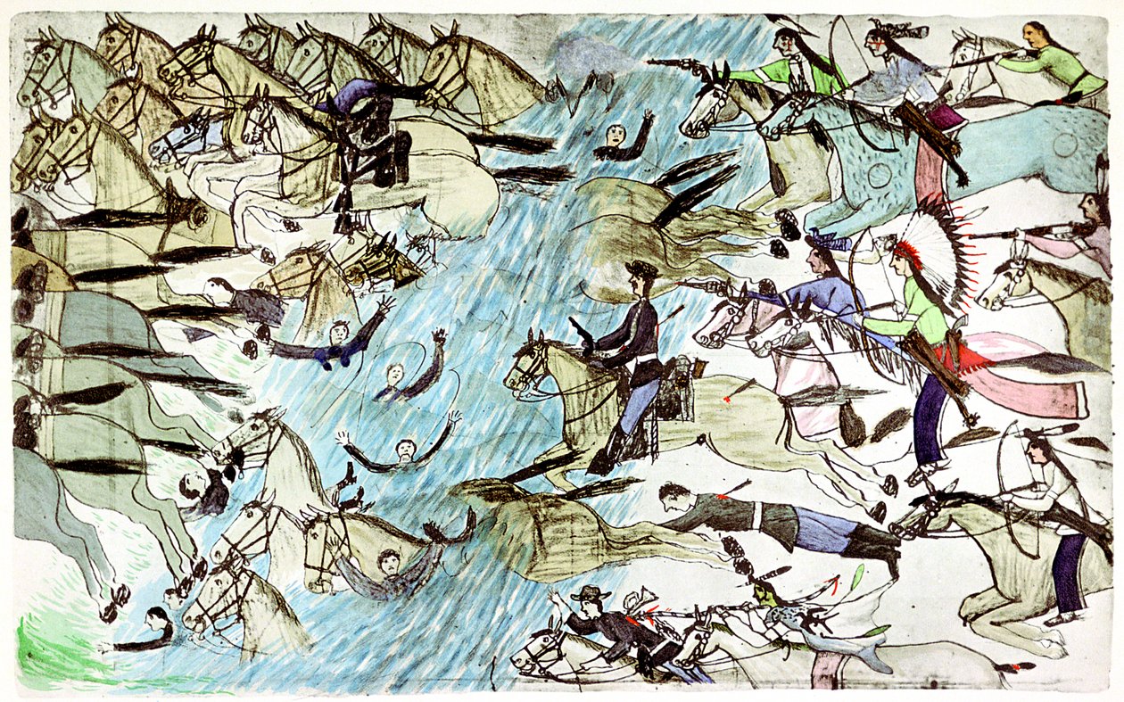 美国骑兵在美国原住民战士追赶的河上后撤，c1900 作者 阿莫斯（Amos）Bad Heart Buffalo