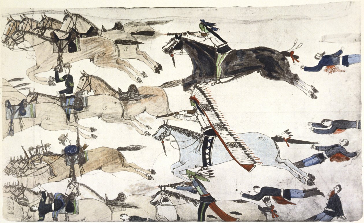 小大角战役 1876 年 6 月 25-26 日。马库斯-雷诺少校率领的美国第七骑兵营撤退。阿莫斯-坏心水牛（苏族人）的画作，约 1900 年 作者 阿莫斯（Amos）Bad Heart Buffalo