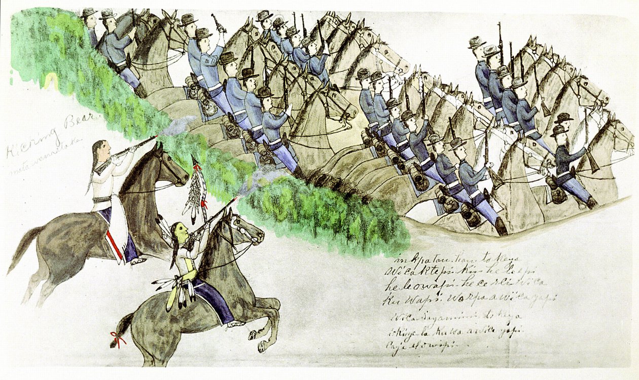 1876 年 6 月 25 日，蒙大拿州小大角河战役开始。平原印第安人和美国骑兵。取自苏族印第安人阿莫斯-坏心水牛的画作。 作者 阿莫斯（Amos）Bad Heart Buffalo