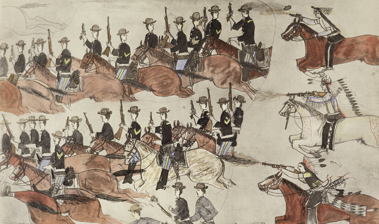 马库斯·里诺少校在印度反击之前撤退（纸上墨水） 作者 阿莫斯（Amos）Bad Heart Buffalo