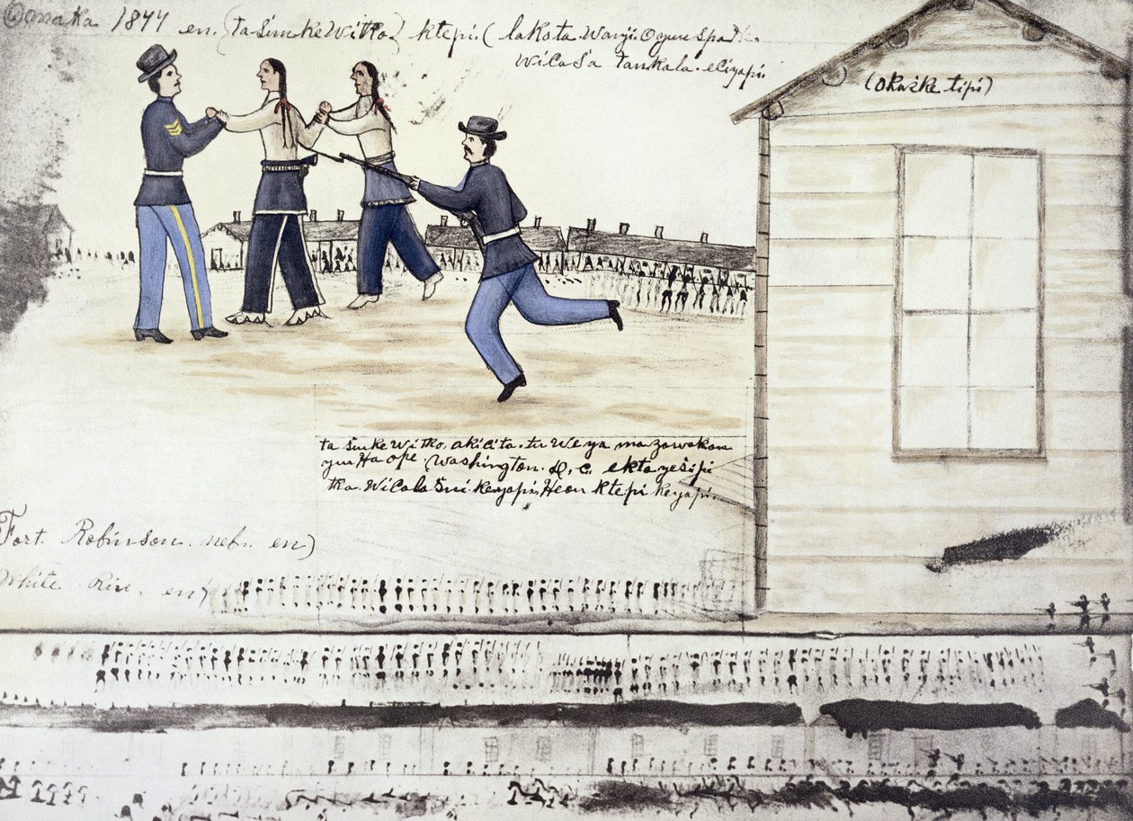 1877年，内布拉斯加州罗宾逊堡（纸上墨水）中疯马的死亡（c.1842-77） 作者 阿莫斯（Amos）Bad Heart Buffalo