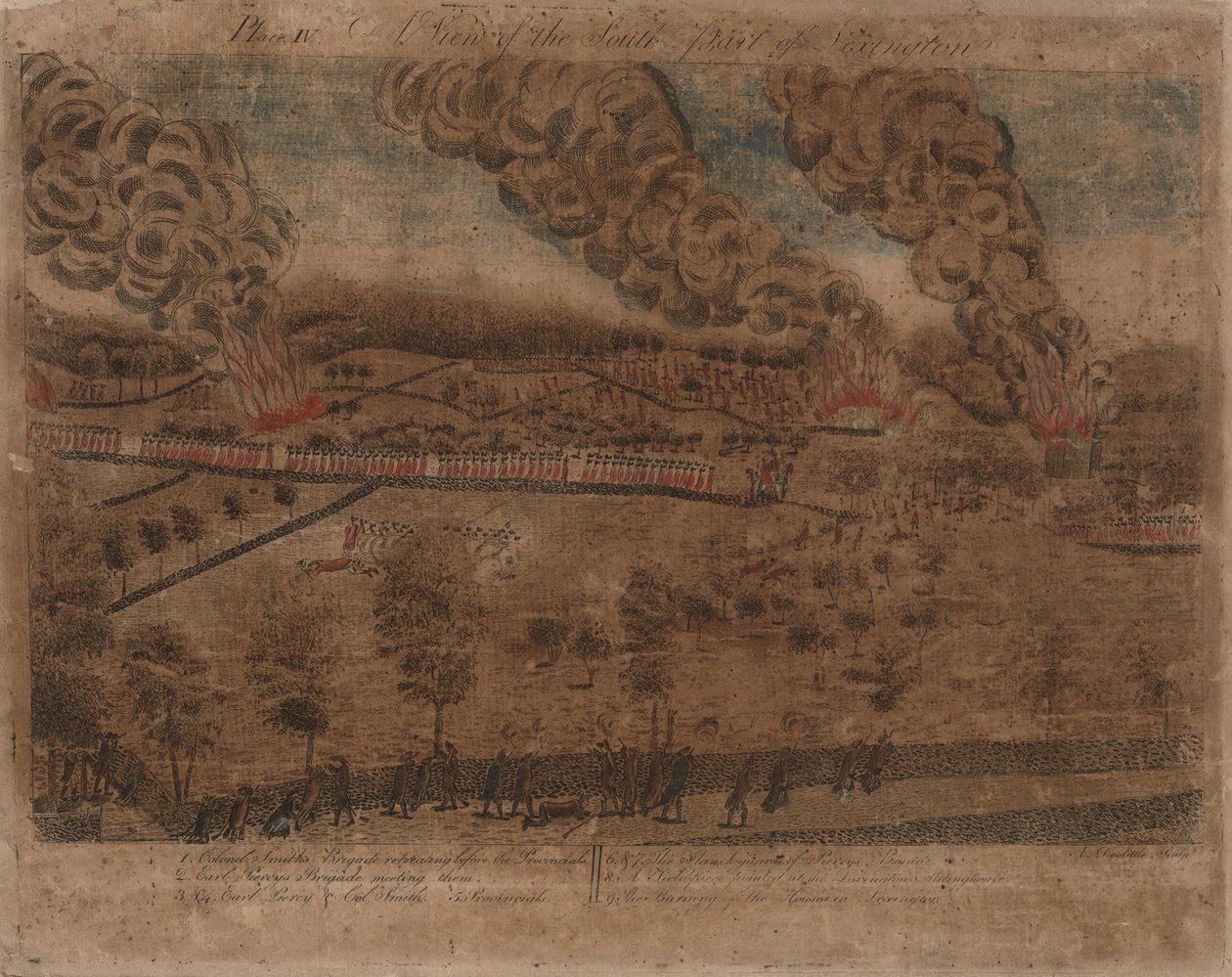 莱克星顿和康科德战役：图版一，莱克星顿战役，1775 年 4 月 19 日。图版二：康科德镇一景。图版三：康科德南桥交战。图版四：莱克星顿南部景观。 作者 阿莫斯·杜利特尔
