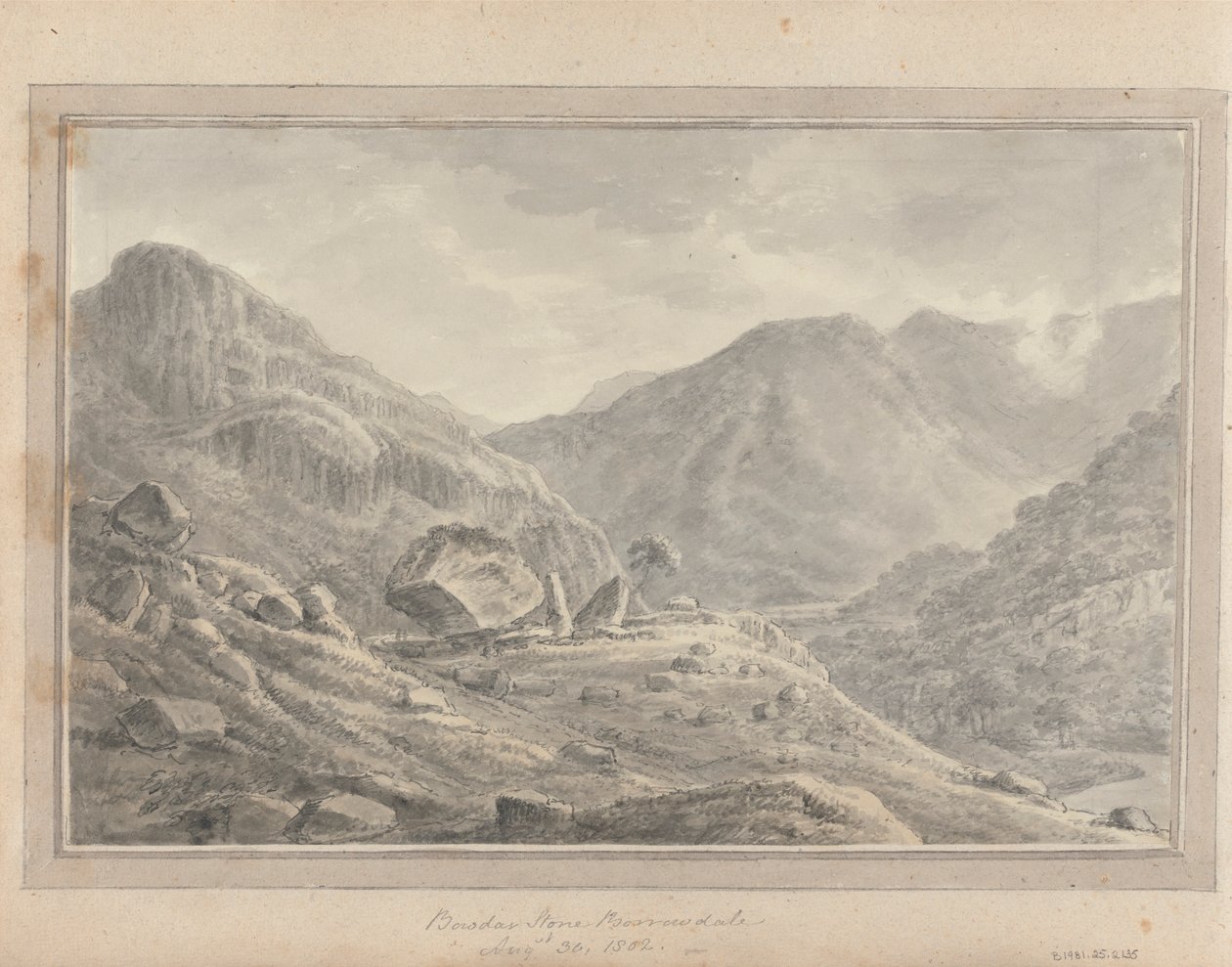 英格兰、苏格兰和威尔士的风景：Bowder Stone Borrowdale，1802 年 8 月 30 日 作者 阿莫斯·格林（Amos Green）