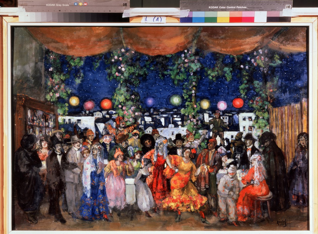 西班牙狂欢节》（Carnaval en Espagne）。Anatoli Afanasyevich Arapov（1876-1949 年）的绘画。纸盒包装，68.5 x 98.5 厘米 作者 阿纳托利·阿凡纳西耶维奇·阿拉波夫（Anatoly Afanasyevich Arapov）