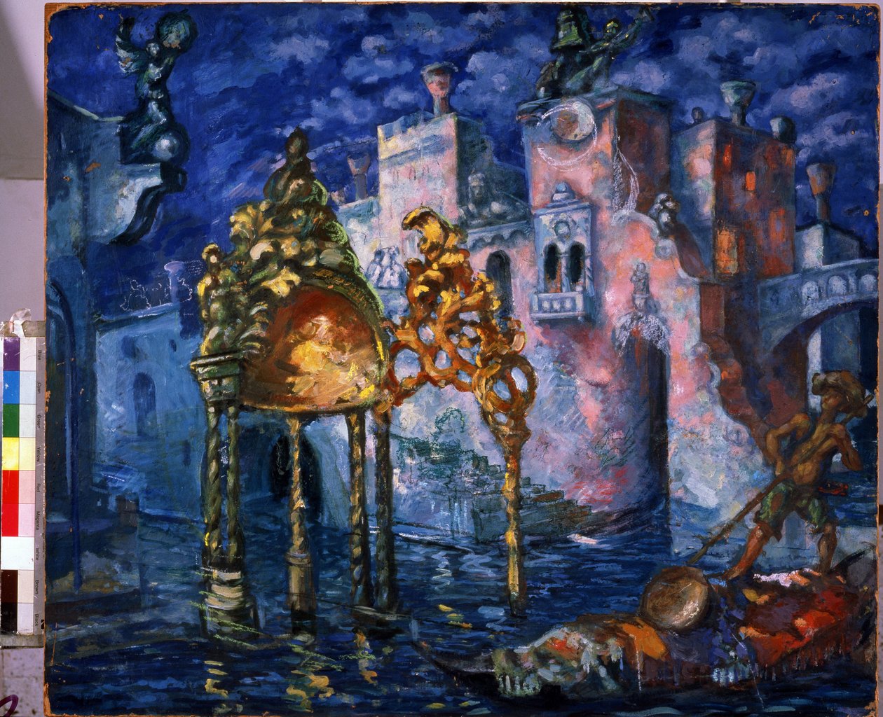 Venise, decor pour la piece la Locandiera de Carlo Goldoni (1707-1793)（威尼斯，戈尔多尼戏剧《La Locandiera de C. Goldoni》的舞台设计）。阿纳托利-阿法纳西耶维奇-阿拉波夫（1876-1949 年）的绘画。纸板上的水粉和粉彩，86 x 100 厘米 作者 阿纳托利·阿凡纳西耶维奇·阿拉波夫（Anatoly Afanasyevich Arapov）