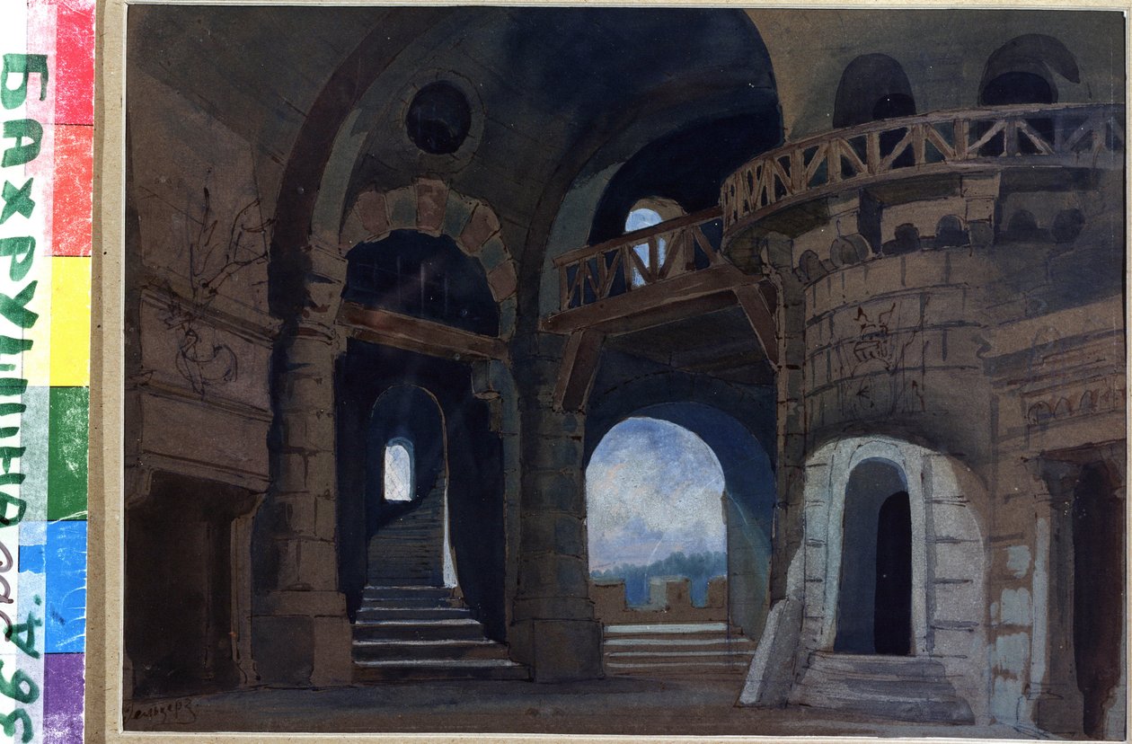 Decor pour la piece Macbeth de William Shakespeare (1564-1616)（莎士比亚戏剧《麦克白》的舞台设计）。Oeuvre de Anatoli Fyodorovich Geltser (1852-1918), aquarelle et gouache sur papier 作者 阿纳托利·费多罗维奇·盖尔策