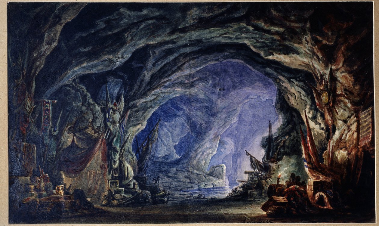阿道夫-亚当（Adolphe Adam，1803-1856 年）芭蕾舞剧《海盗》的舞台设计。海盗们的洞穴，可从海上进入，他们在此存放战利品和各种奖品（织物、餐具、武器）。(......) 作者 阿纳托利·费多罗维奇·盖尔策
