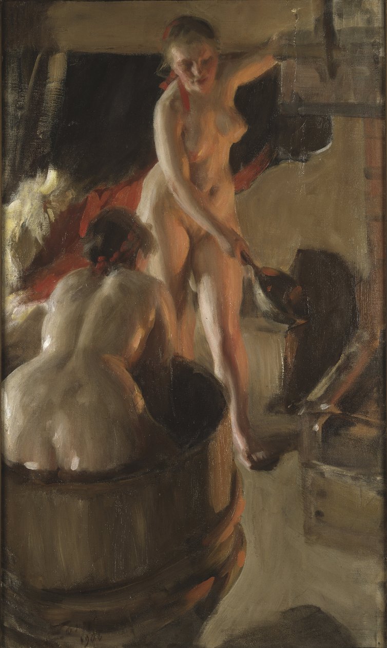 Filles de Dalecarlie prenant un bain - 来自达拉纳洗澡的女孩，作者：Zorn, Anders Leonard (1860-1920)。 布面油画 作者 伦纳德·佐恩与众不同