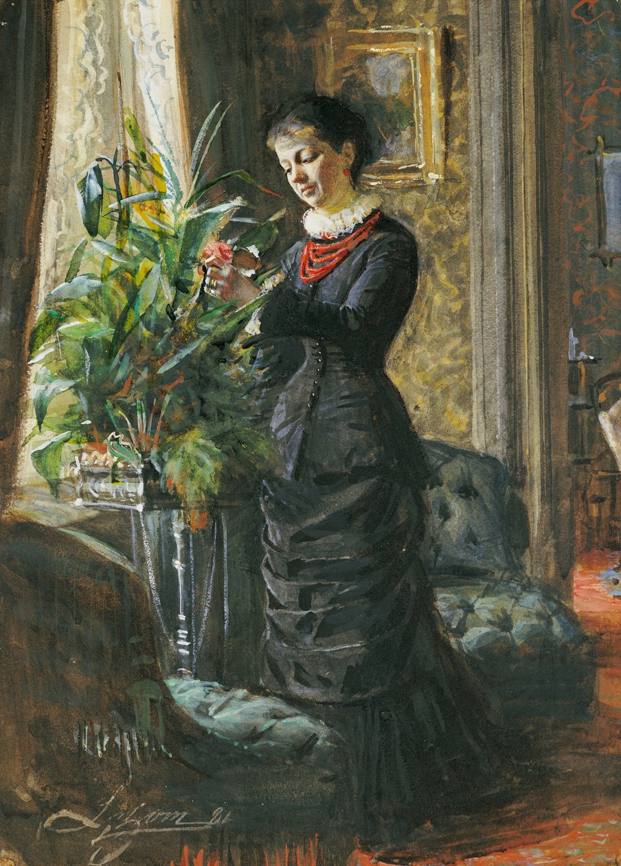Fnee Lisen Samson的肖像，nee Hirsch，在窗户上插花，1881年 作者 伦纳德·佐恩与众不同