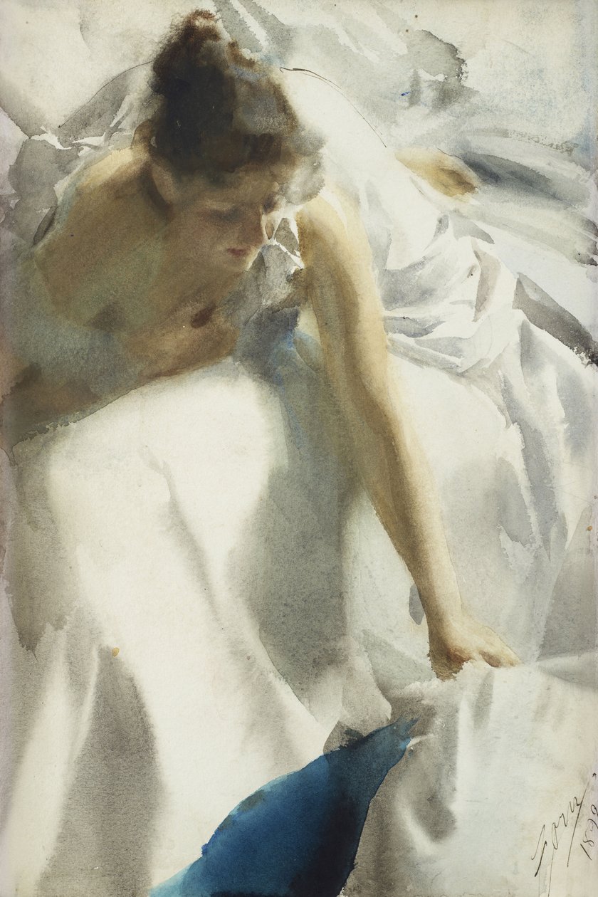 "" Reveil, boulevard Clichy, Paris "" (Awakening, Boulevard Clichy) 被忽视的年轻女孩 - Anders Leonard Zorn (1860-1920) 1892 年私人收藏的水彩画 作者 伦纳德·佐恩与众不同