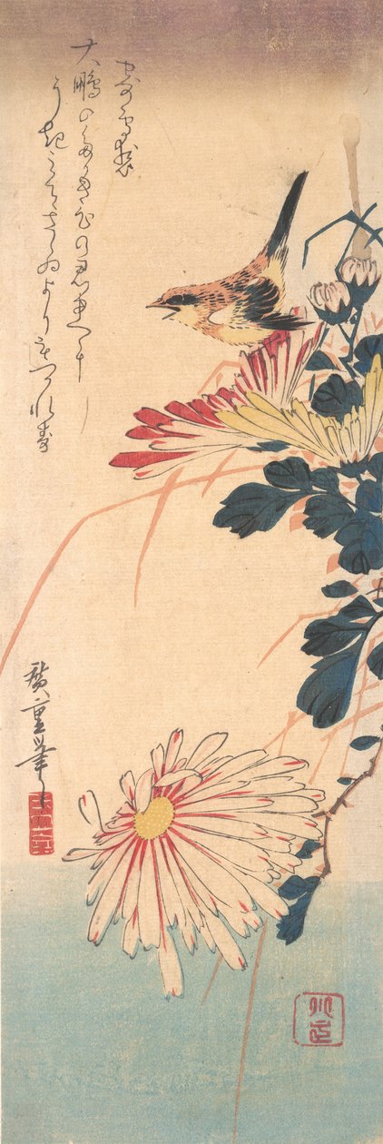 A Wren and Chryshemums, ca. 1830., ca. 1830. 作者 安藤广重
