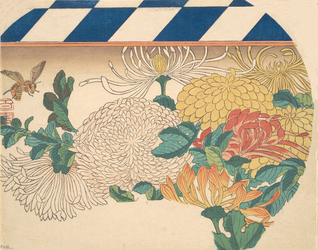 扇形设计的菊花，19世纪40年代，1840年代。 作者 安藤广重