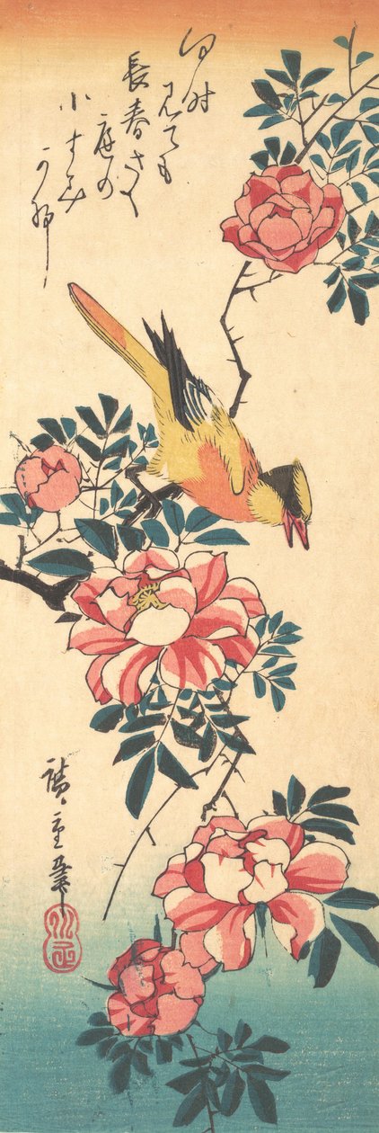 东部灰鹡鸰和玫瑰，19世纪30年代初，19世纪30年代初。 作者 安藤广重