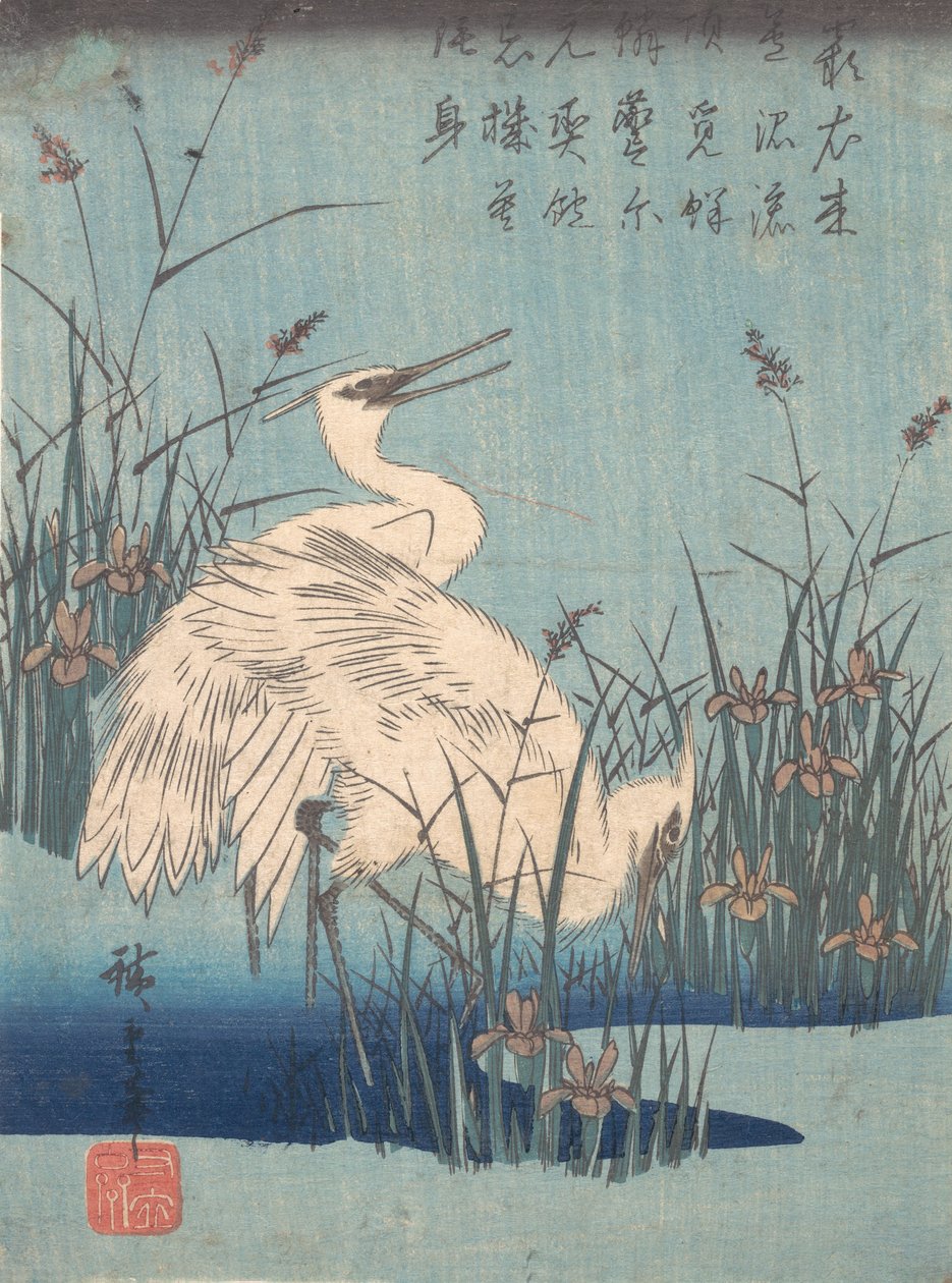 白鹭在鸢尾花和草丛中，约1837年，约1837年。 作者 安藤广重