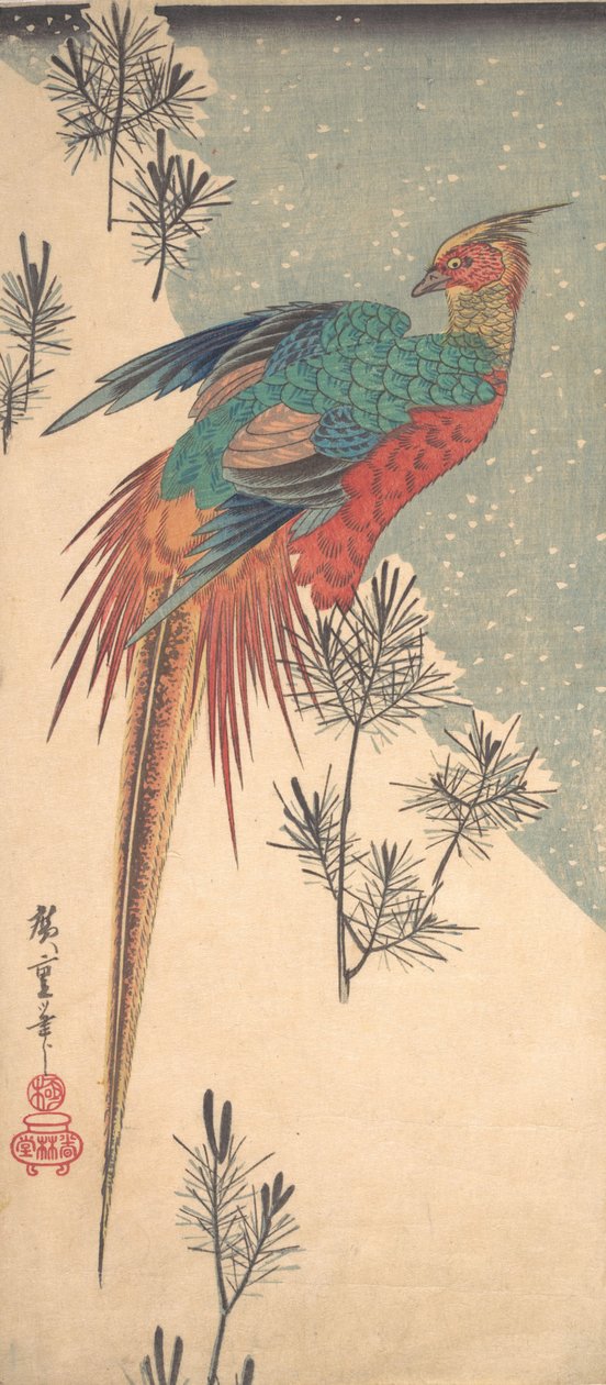 Golden Pheasant and Pine Shoots in Snow , ca. 1835., ca. 1835. 作者 安藤广重