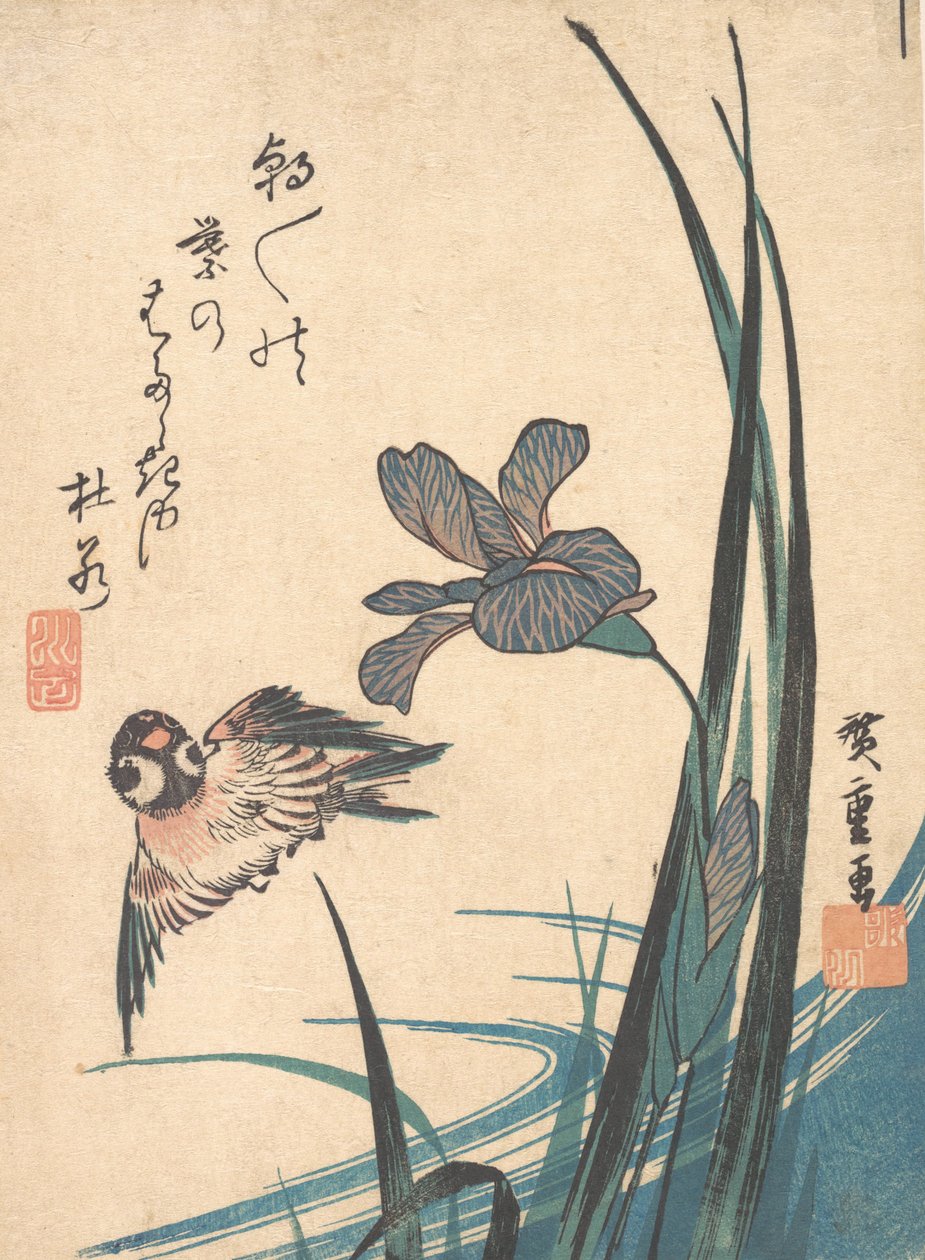 鸢尾花和麻雀，约1832.，约1832.。 作者 安藤广重