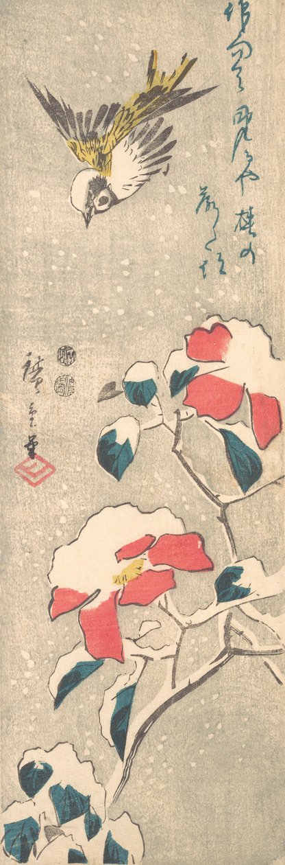 Sparrow and Snow-covered Camellia Tsubaki, ca.1845., ca.1845. 作者 安藤广重