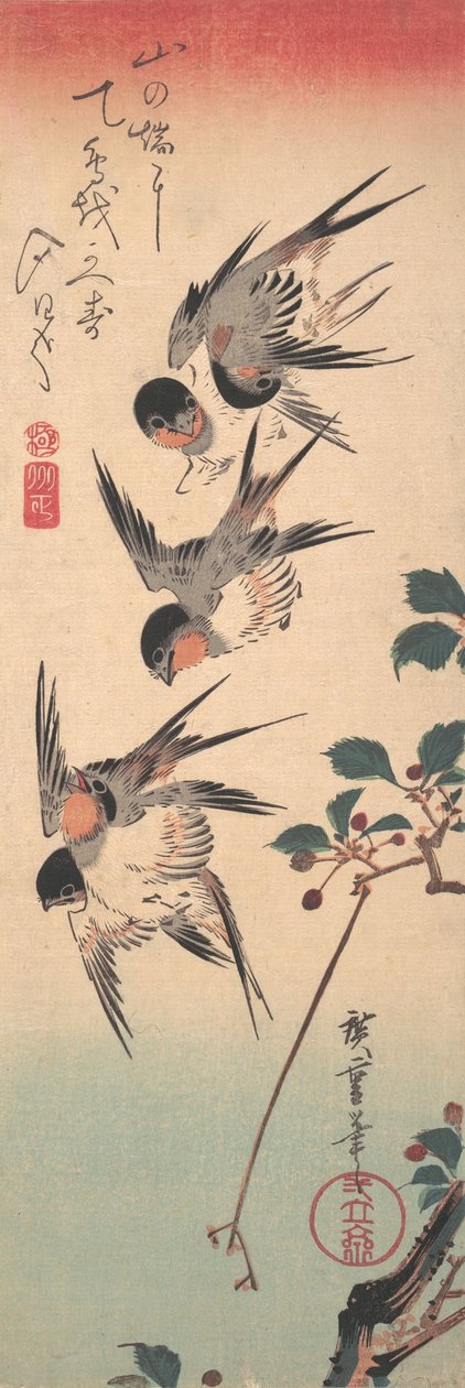 燕子和发芽的野樱桃，约1835年，约1835年。 作者 安藤广重