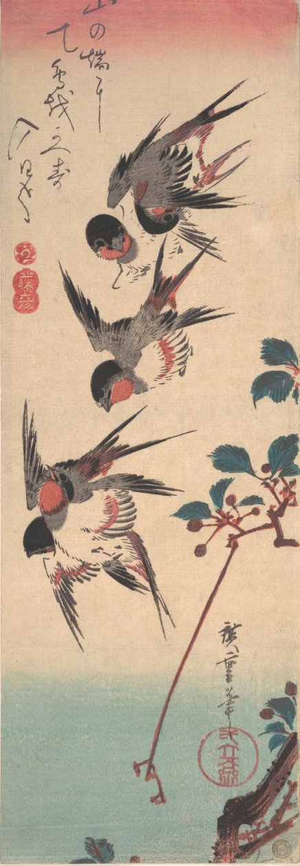 燕子和野樱桃，约1834年。, 约1834年。 作者 安藤广重