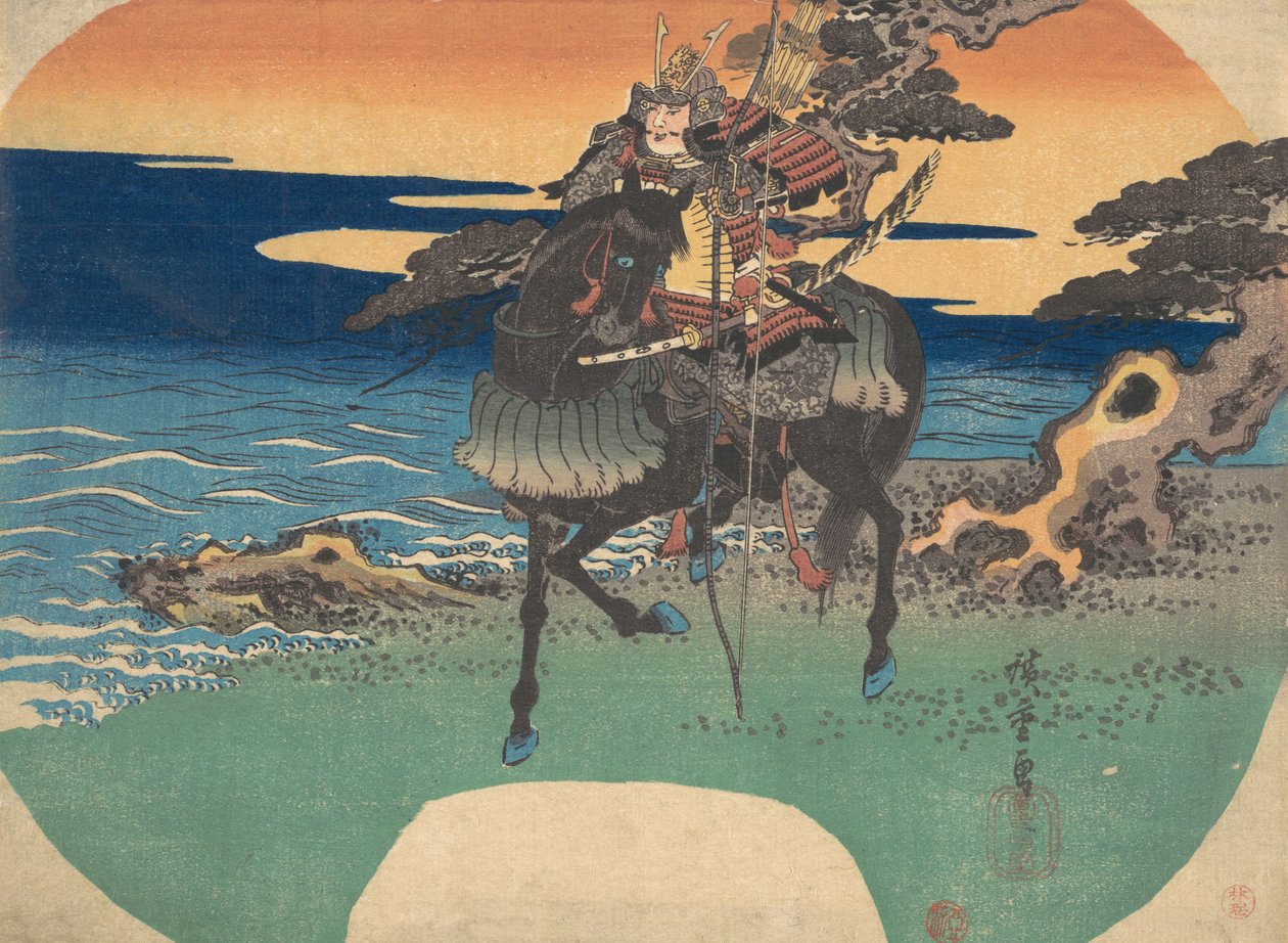 Warrior Riding Black Horse along the Sea Shore, ca. 1835., ca. 1835. 作者 安藤广重