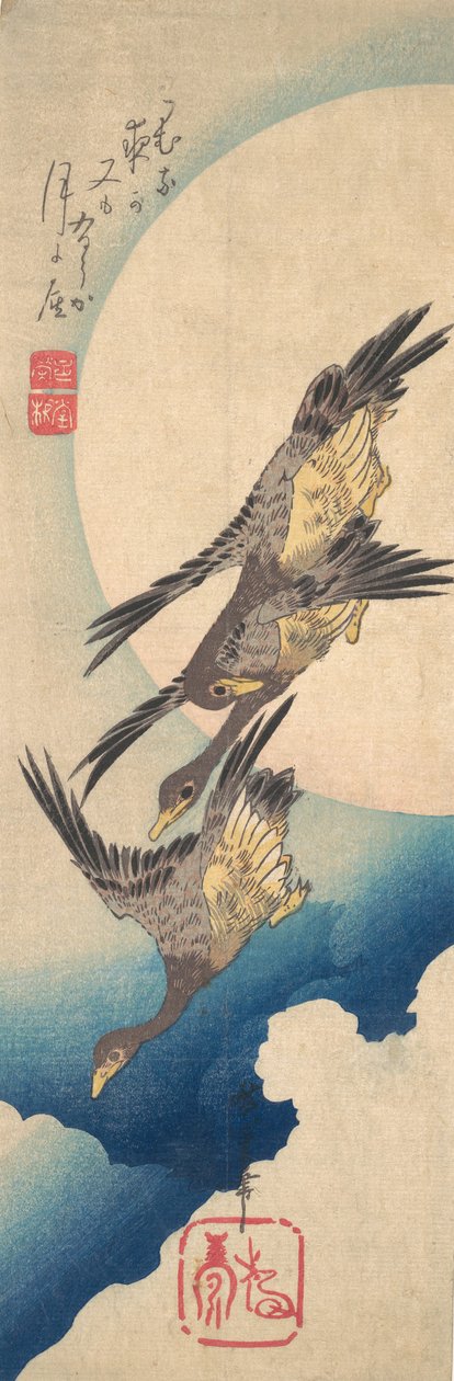 在满月下飞翔的野鹅，约1833年，约1833年。 作者 安藤广重
