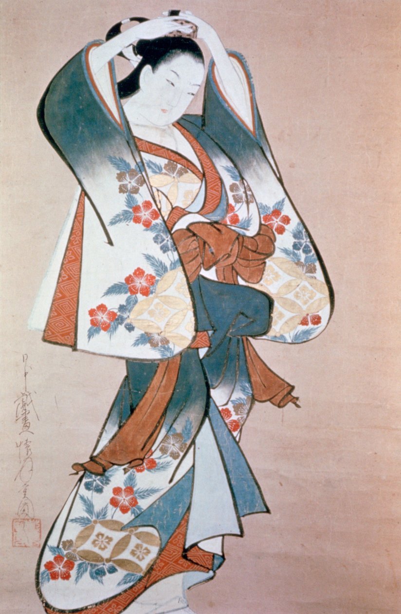 站立的美女在整理她的头发》，约1714年 作者 安藤会月堂