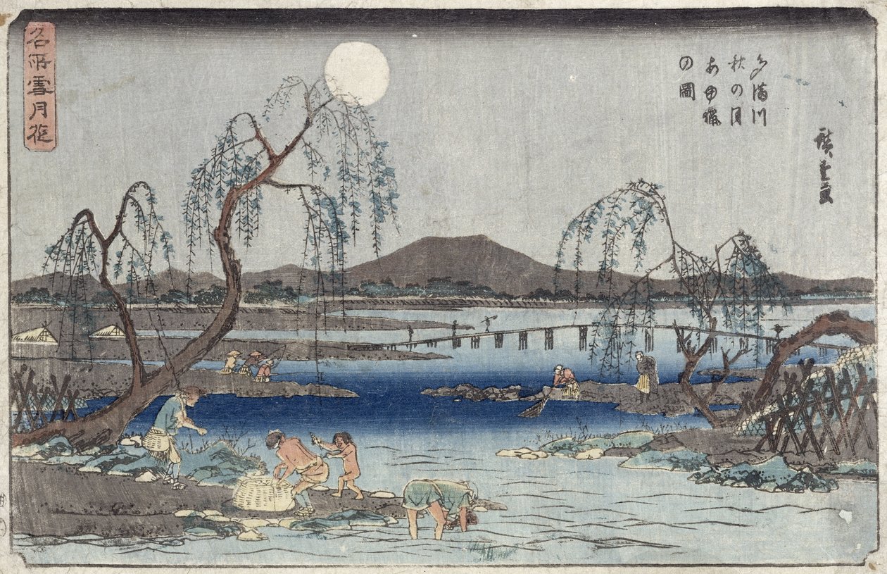 在多摩河上的月光下捉鱼，选自“雪，月和花”系列（“ Settsu Gekka”）（木版画） 作者 安藤或歌川广重