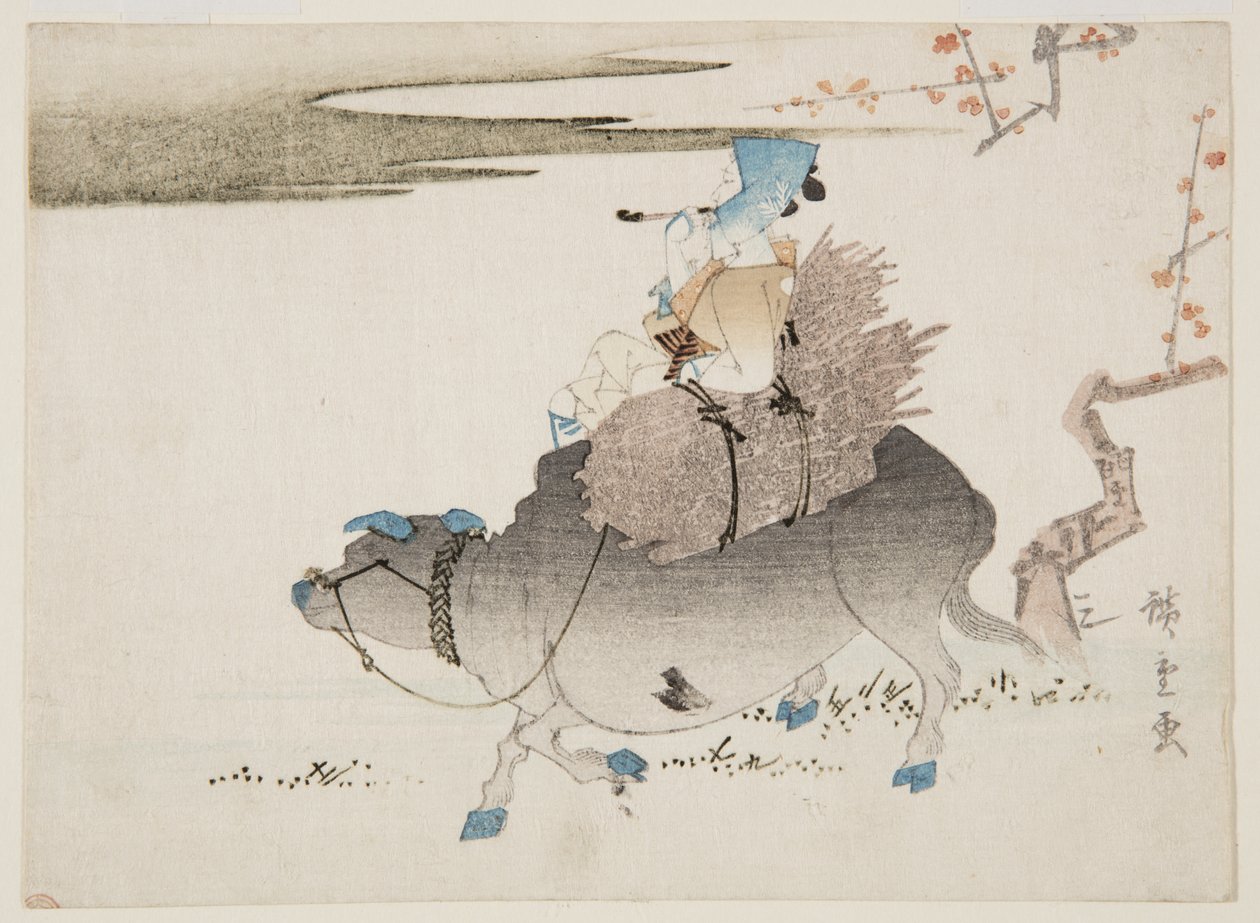 养牛人和一头牛（彩色木版画 作者 安藤或歌川广重