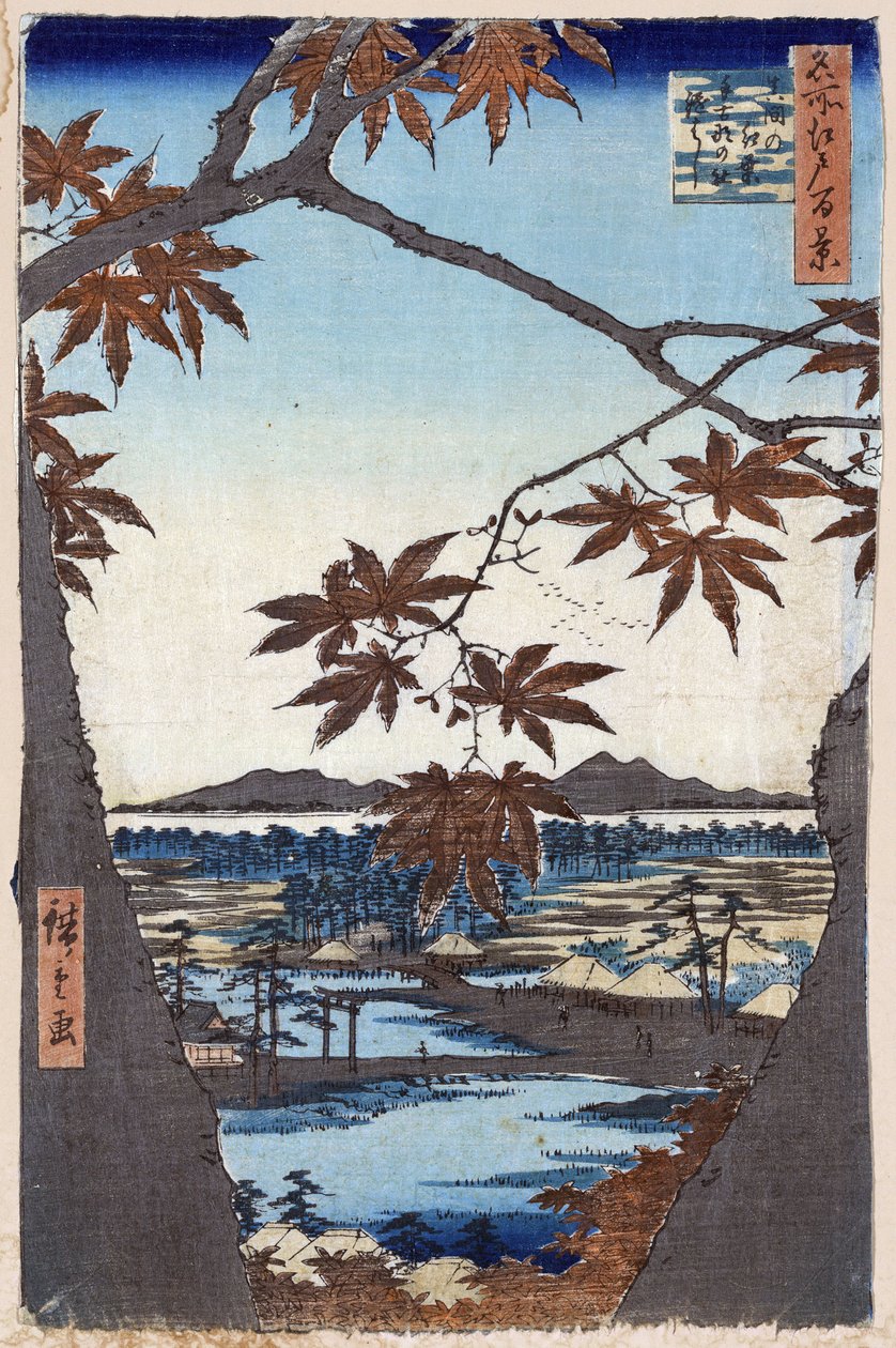 "江户百景"（实际东京）：枫叶与天皇神社和妈妈桥。枫叶与天可那神社和妈妈桥（江户百景）。日本版画 作者 安藤或歌川广重