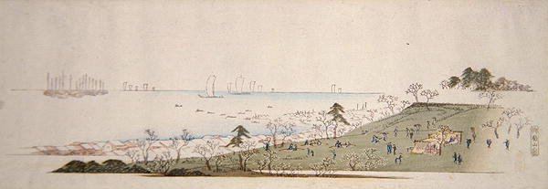 樱花时节，御殿山的人们在野餐（彩色木版画）。 作者 安藤或歌川广重