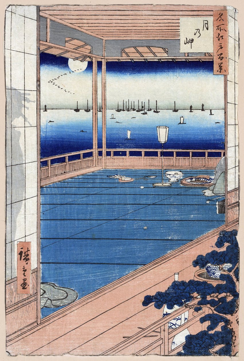 日本版画：月光。江户百景图》。宇多川广重（1797-1858 年）的作品，木版画 作者 安藤或歌川广重
