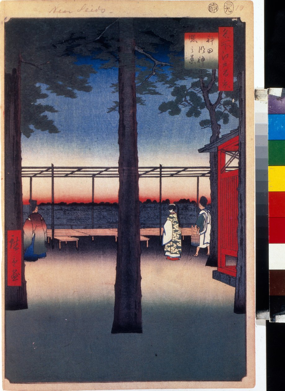 日本版画：神田明神社的黎明（日本东京）。神田明神社的黎明，江户百景。Utagawa Hiroshige（1797-1858 年）的作品，木版画（39x26 厘米） 作者 安藤或歌川广重