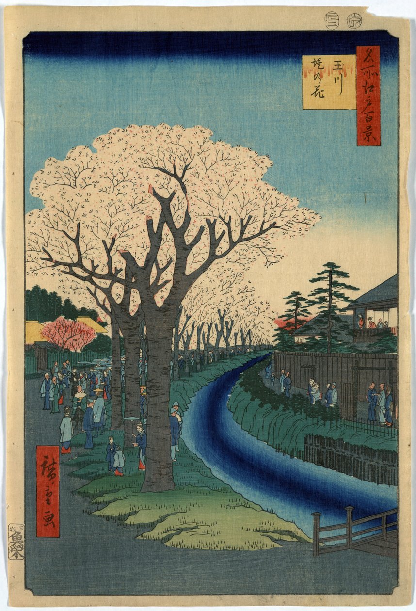印刷品展示了江户多摩川沿岸观光者观赏樱花的景象，安藤广重的木刻版画 作者 安藤或歌川广重