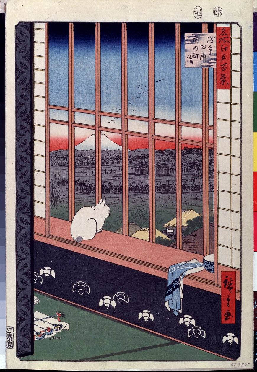 一只猫坐在窗台上"，版画作者：宇多川广重（1797-1858 年），19 世纪，莫斯科普希金博物馆 作者 安藤或歌川广重