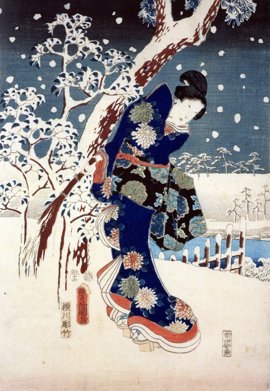三联画（大银幕）的一部分，在大名花园中的雪景（丝网） 作者 安藤或歌川广重