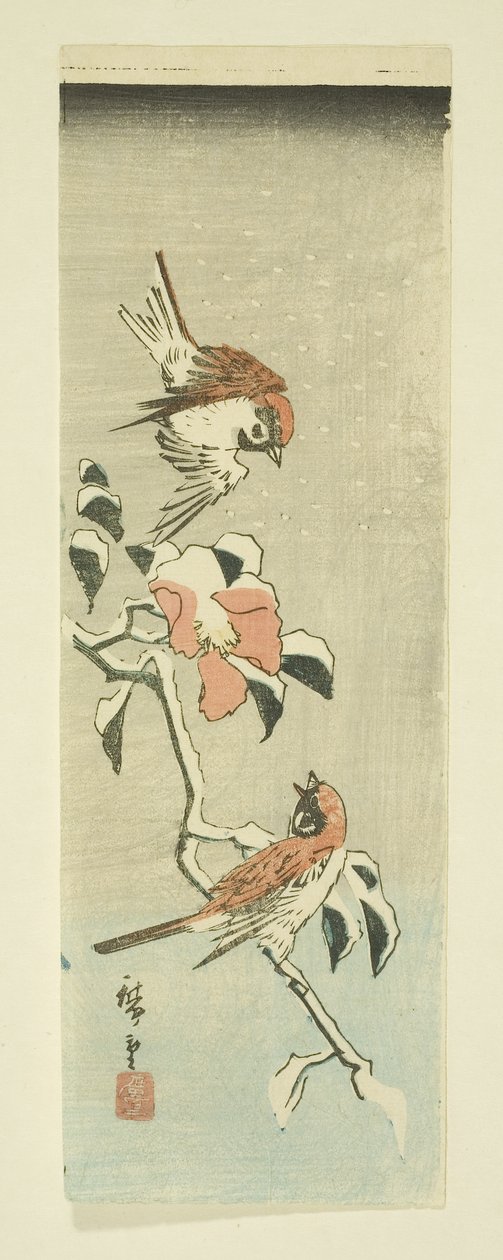 雪中的麻雀和山茶花（彩色木版画） 作者 安藤或歌川广重