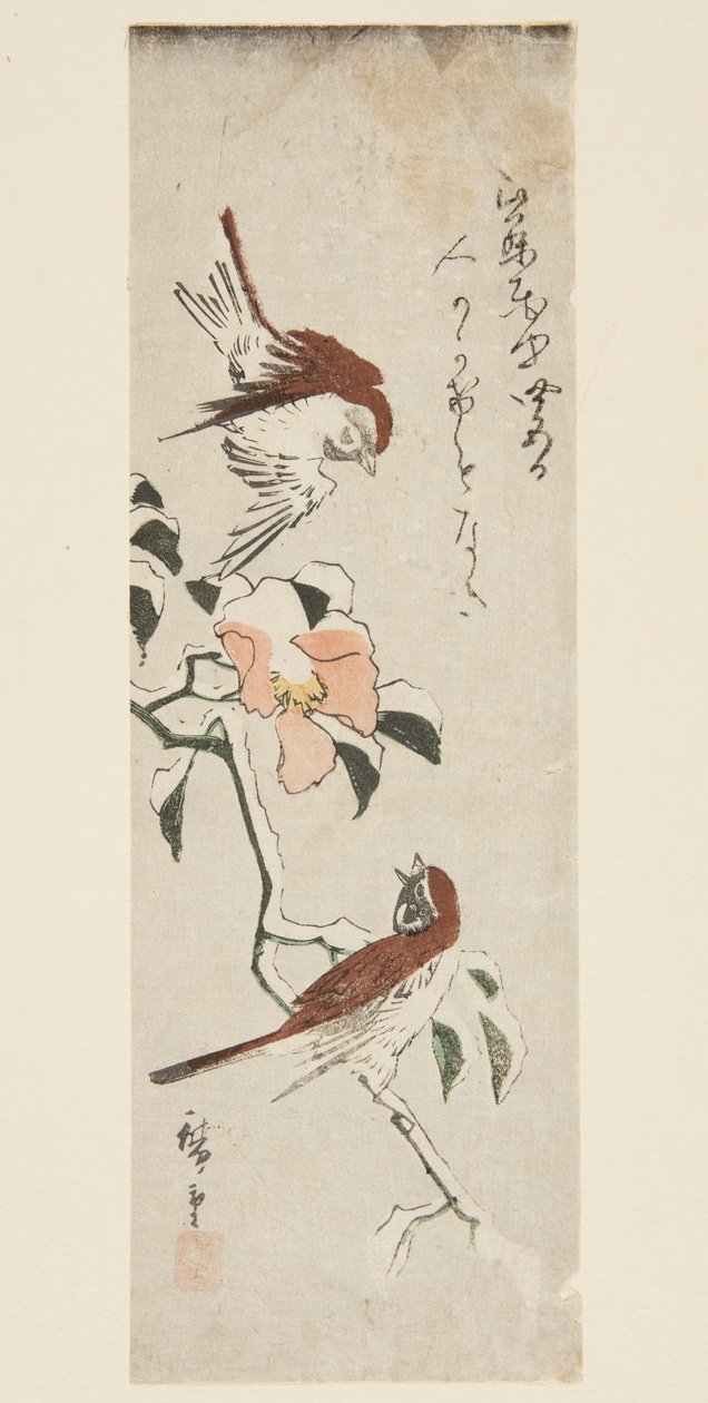 雪中的麻雀和山茶花（彩色木版画） 作者 安藤或歌川广重