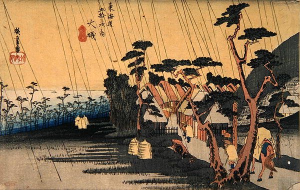 骤雨，大矶，来自 "东海道五十三站 "系列，约1833-34（彩色木版画）。 作者 安藤或歌川广重