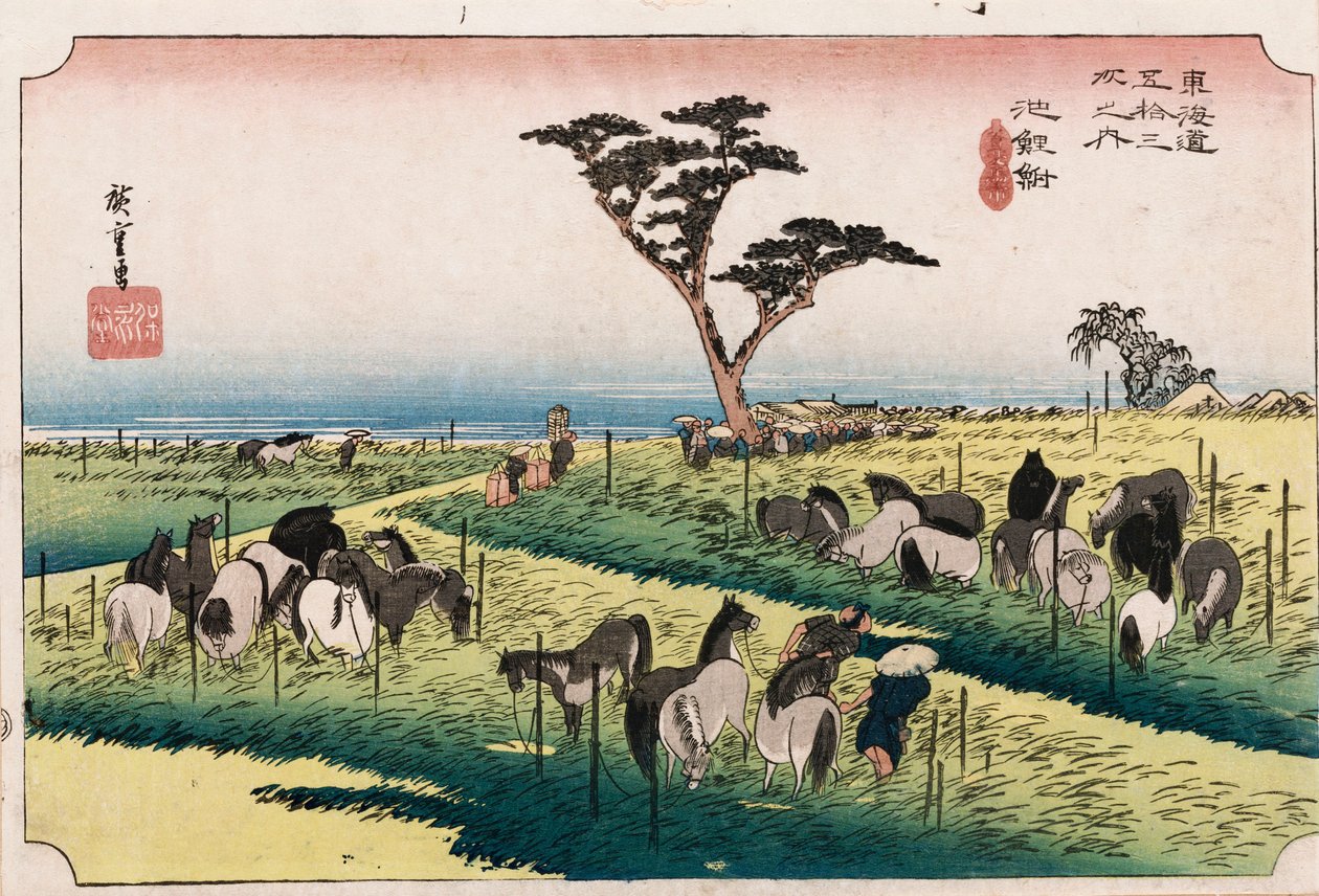 出自“琉球第四个月的马市场”，出自“东海道五十三站”系列，约1834年 作者 安藤或歌川广重