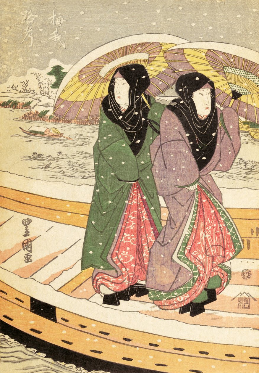 妇女在雪桥上行走，pub.c.1848（彩色木版画） 作者 安藤或歌川广重